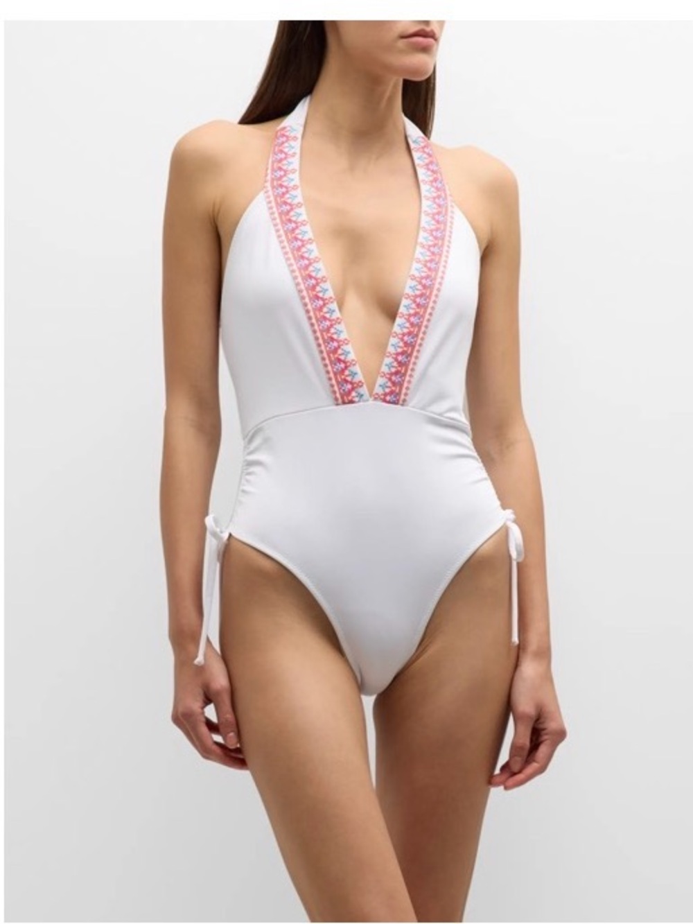 NEW Ramy Brook White Halter Plunge One-Piece Swimsuit with Pink Embroidered Trim